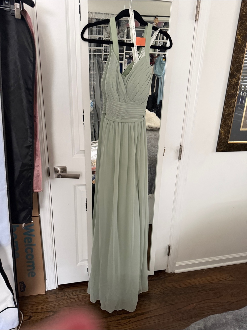 Azazie Sage Green Pleated Halter Maxi Dress